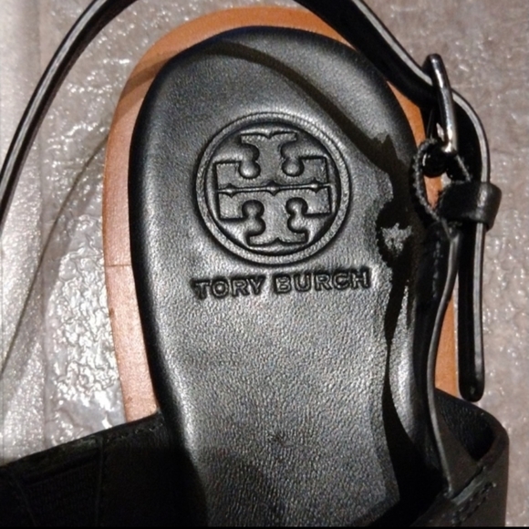 Tory Burch Logo Monogram Black leather slingback stripy sandal size 35 - Picture 2 of 9